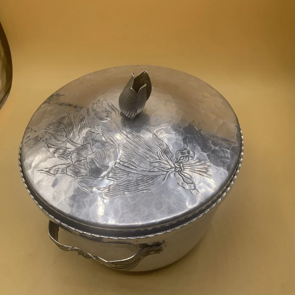 Vintage Hammered Aluminum Silver MCM Tulips Floral Double Walled Ice Bucket